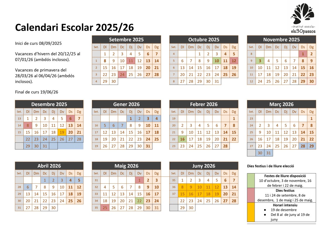 Calendari 25-26 Institut Escola Els 30 Passos